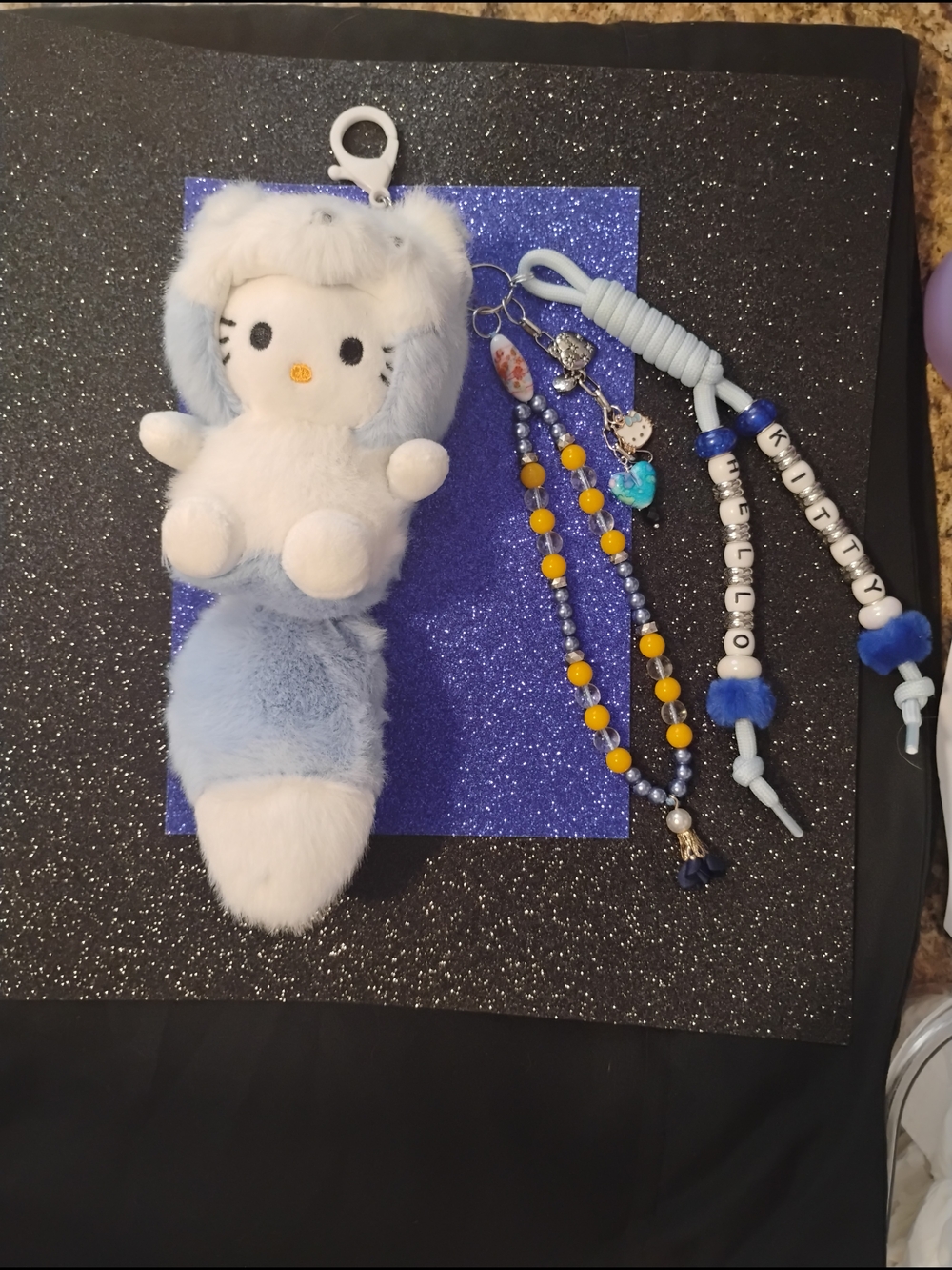 Hello Kitty Blue & White Plush bag charm/ Keychain with Beaded Accessories
